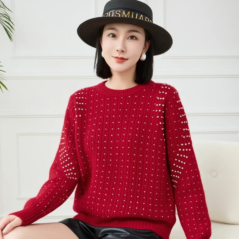 秋冬新款羊绒镶钻时尚百搭羊绒针织衫女