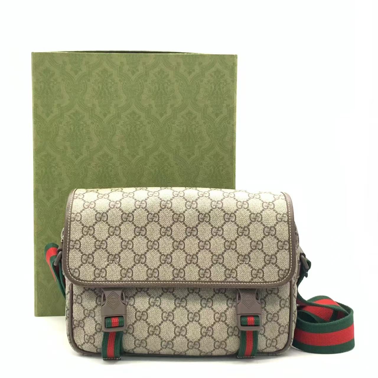 99新 GUCCI/古驰 新款老花op双扣翻盖邮差包