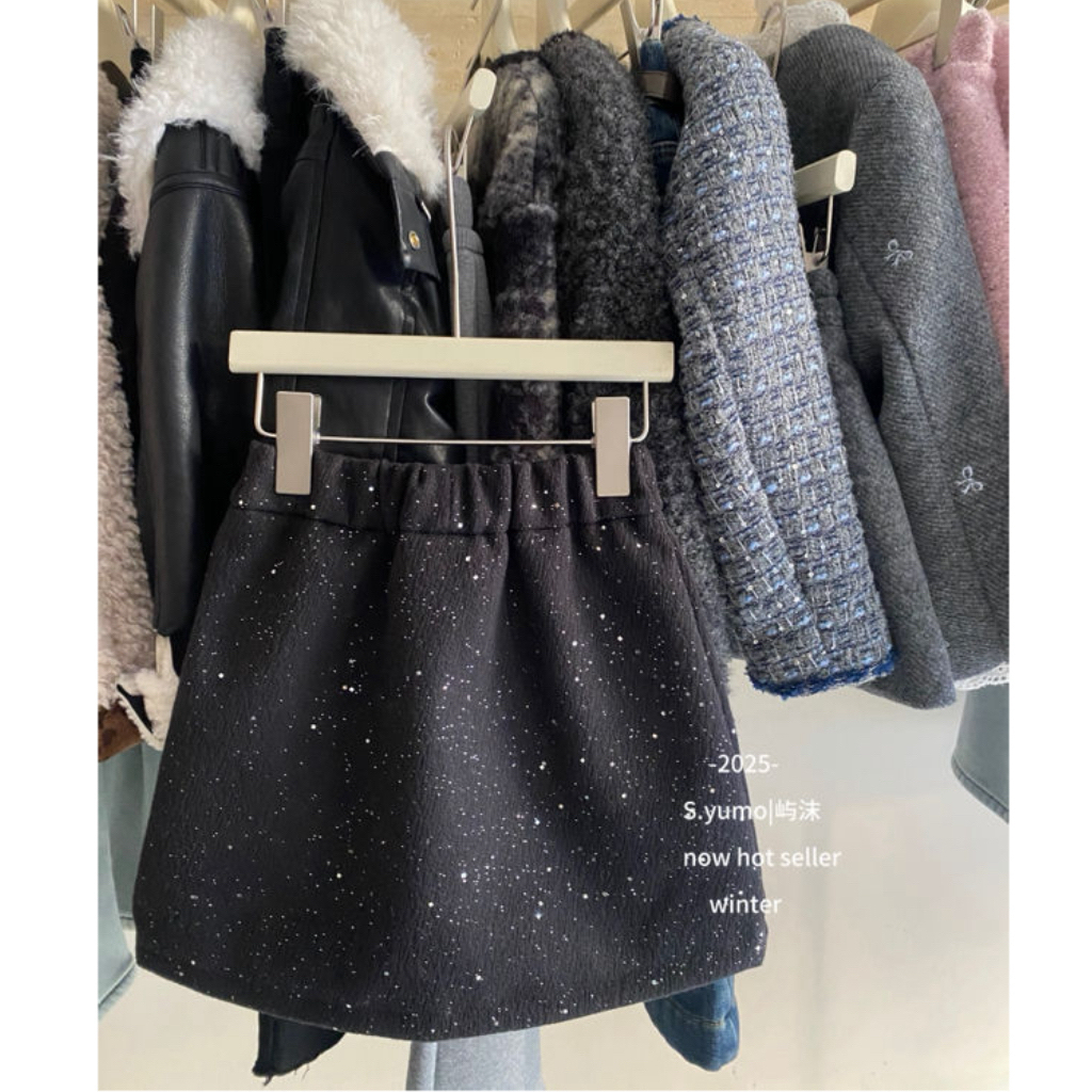 【加绒！亮片】韩版女童装中大童冬季时尚小香风毛呢百褶半身裙