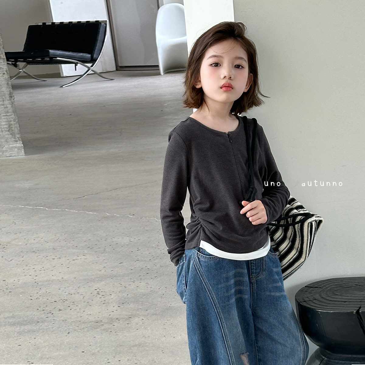「UNO AUTUNNO」【里物】蜜桃绒女中大童休闲假两件打底衫上衣GQ1643
