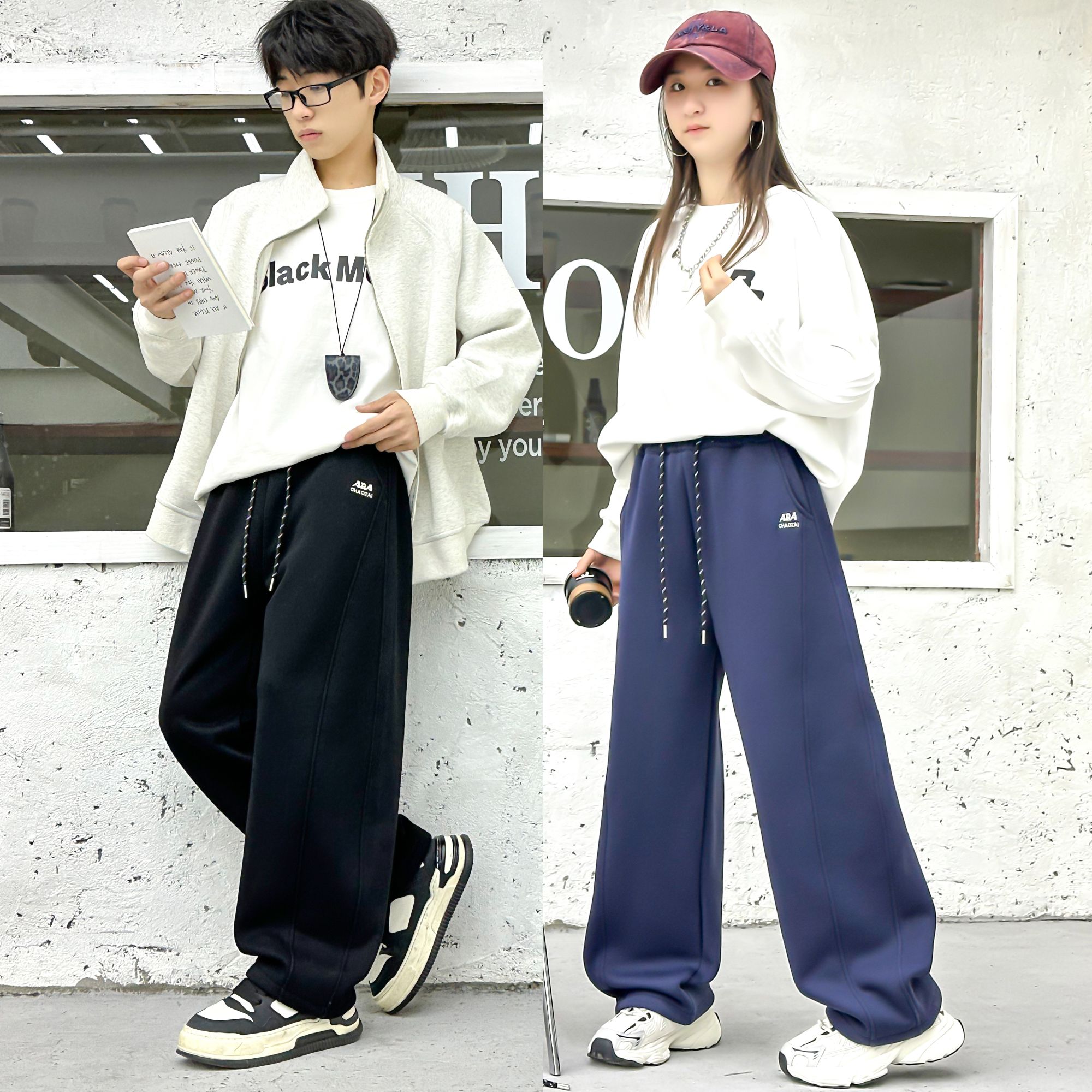 2025冬款纯棉加厚加绒青少年亲子款弯刀裤中大童宽松运动风学生装