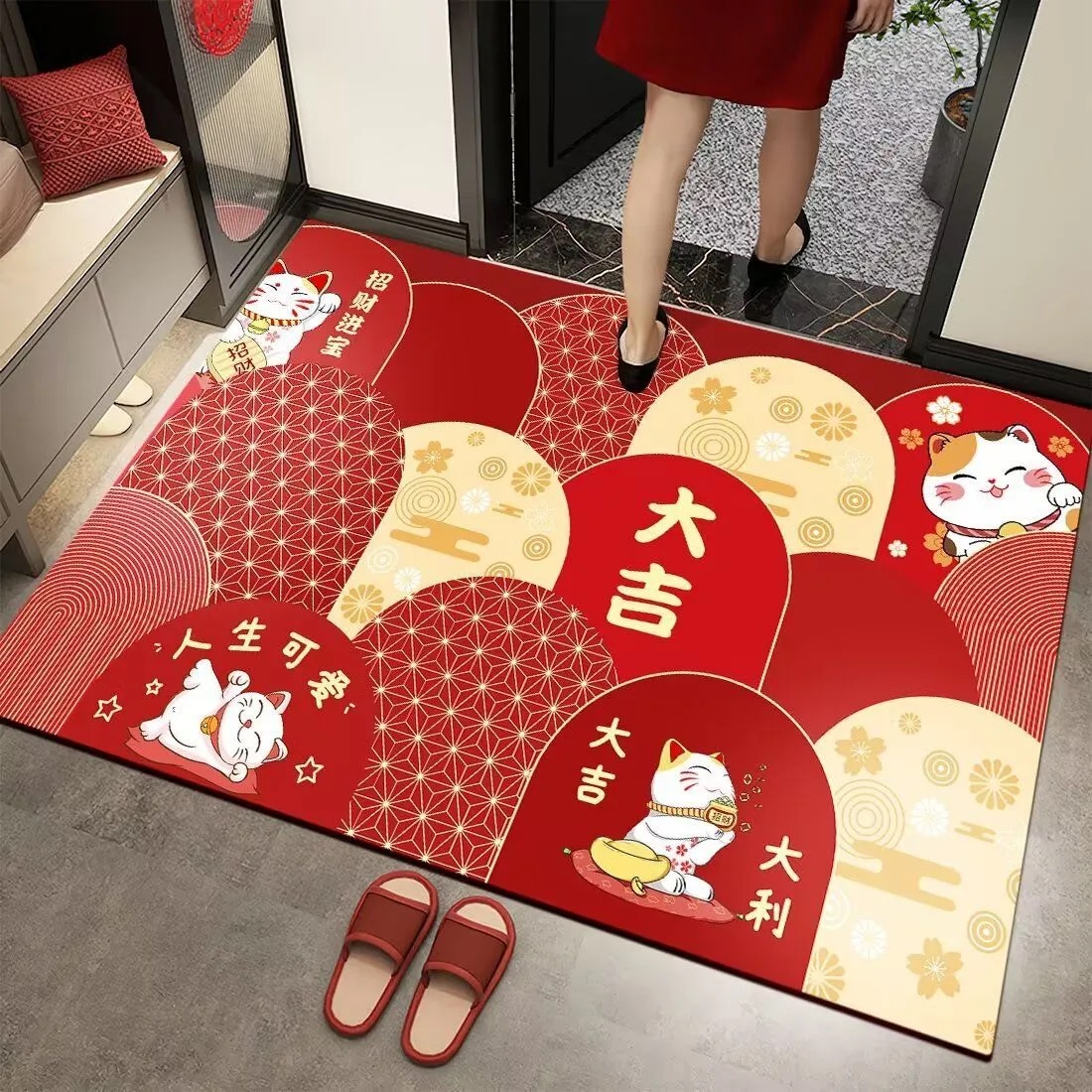 大尺寸招财猫红色喜庆门口硅藻泥地垫入户门垫进门耐脏家用地毯