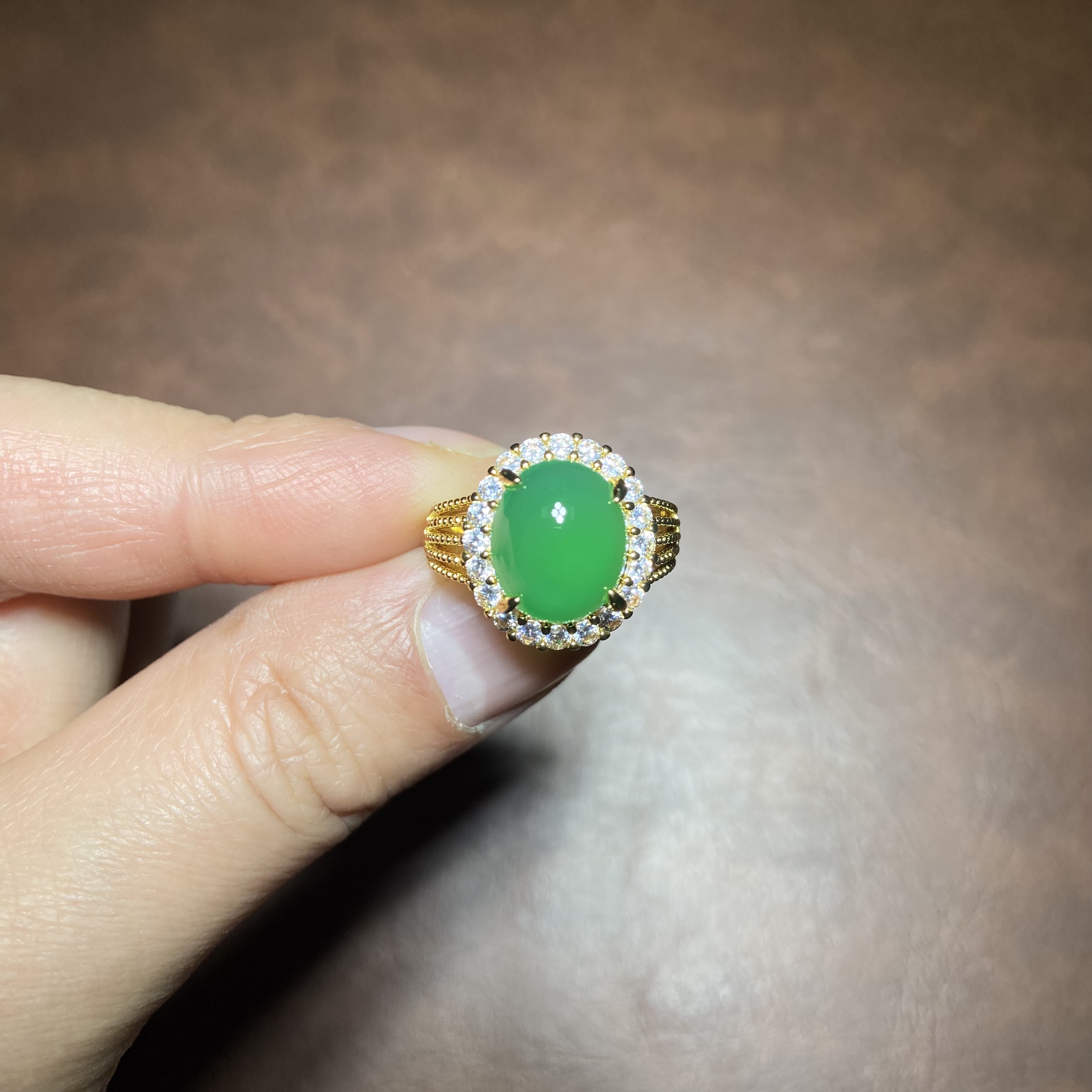 天然玉石珠宝玛瑙玉髓 绿蛋面戒指 YZJ083L