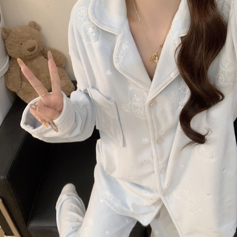 韩版甜美可爱小熊提花海岛绒睡衣女秋冬季保暖加厚翻领家居服套装