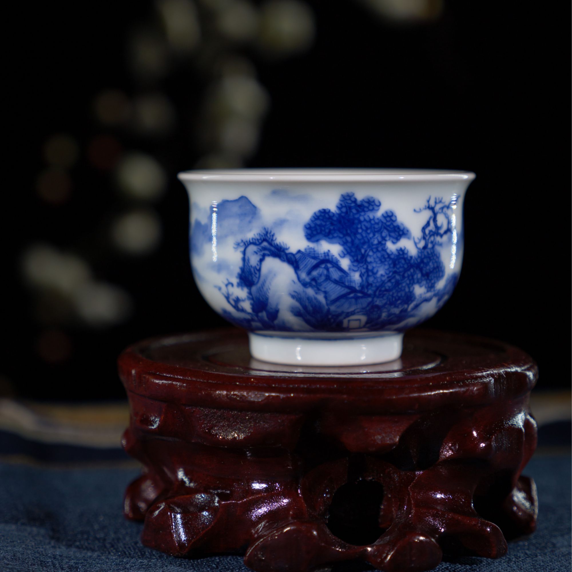 禄意窑青花山水小圆融压手杯主人杯景德镇陶瓷手绘茶具中式