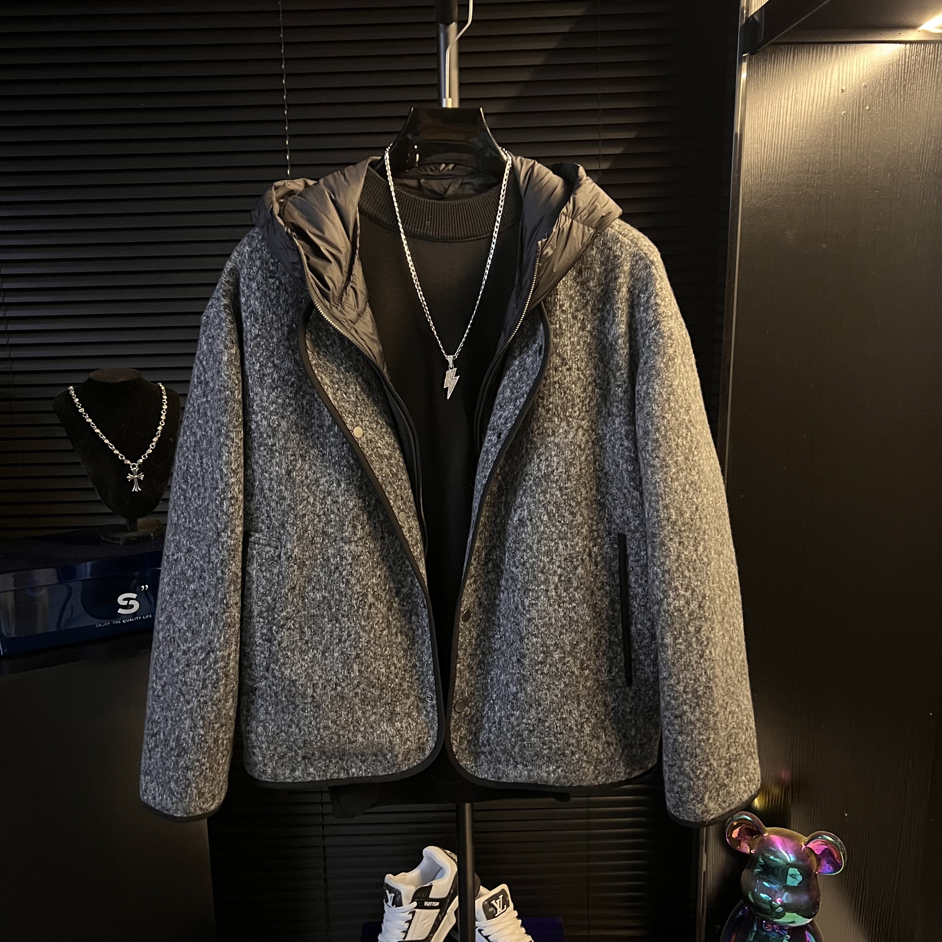 DB-新款男士假两件连帽毛呢拼接绒冬季保暖外套潮棉服男装