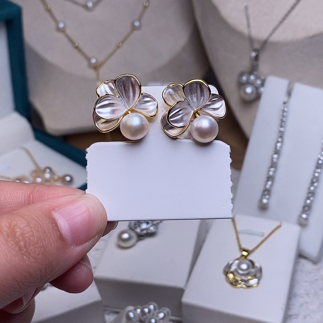 耳饰银S925镶嵌淡水珍珠