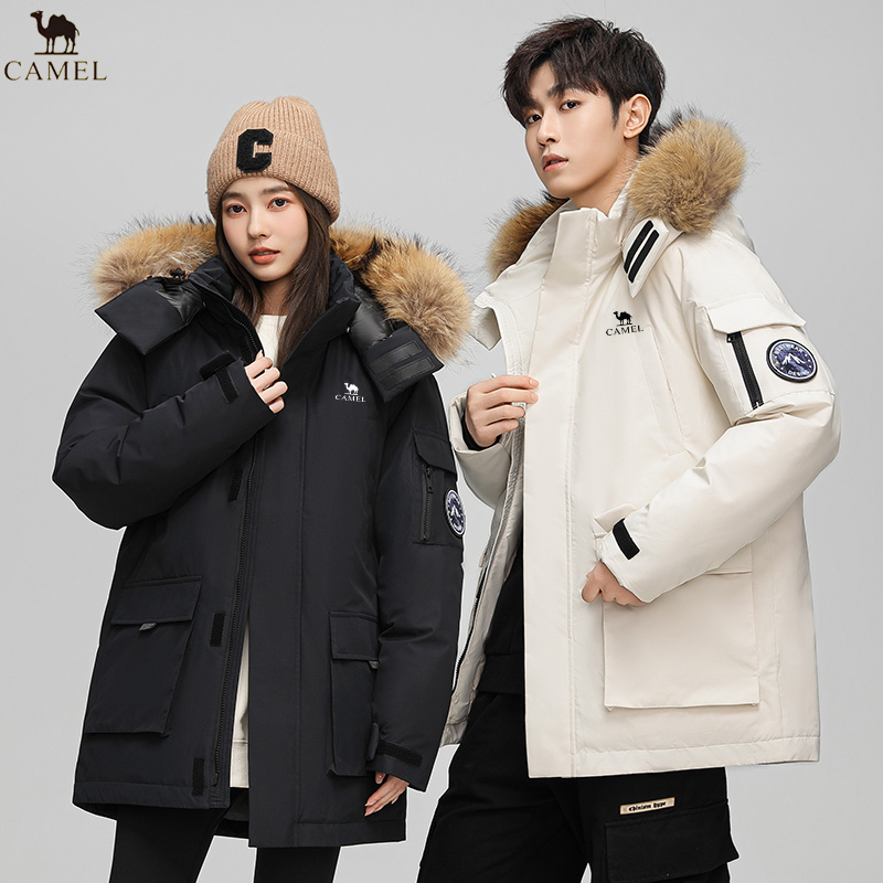 骆驼户外情侣冬季毛领连帽羽绒三合一派克服拉链连帽毛领中长款