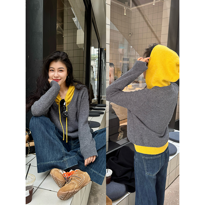 张阿星【调色师】休闲百搭假两件撞色减龄连帽遮肉软糯宽松保暖毛衣