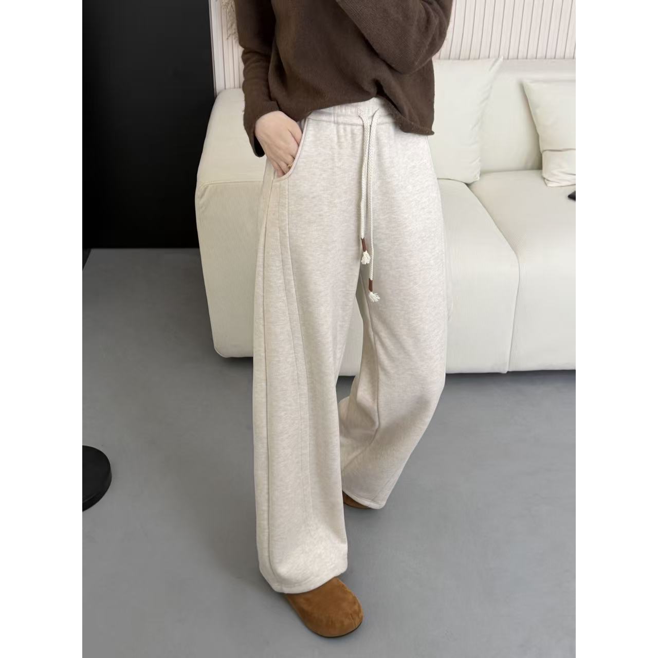 【醋酸羊毛&纯色拼接加绒直筒裤】四色厚绒拼接抽绳直筒裤001