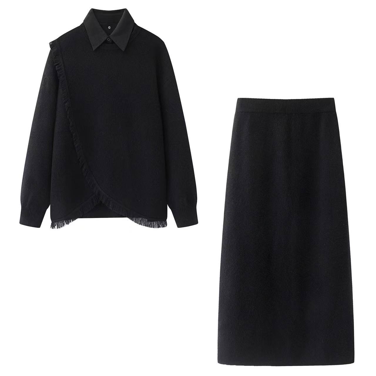 迪家2025冬季新款减龄假两件针织衫上衣半身裙套装女7737