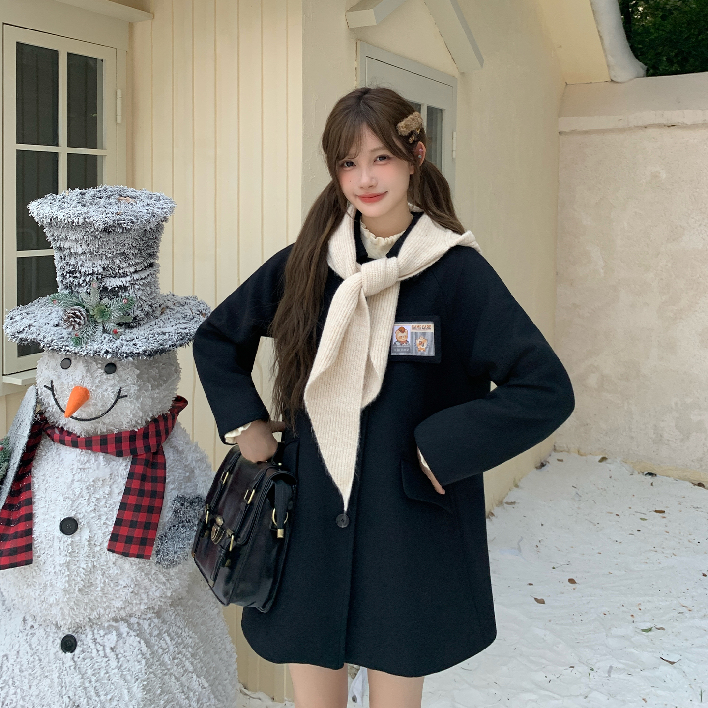 东京岁时记jk学院风大衣中长款小个子上衣秋冬白色围巾帽子外套