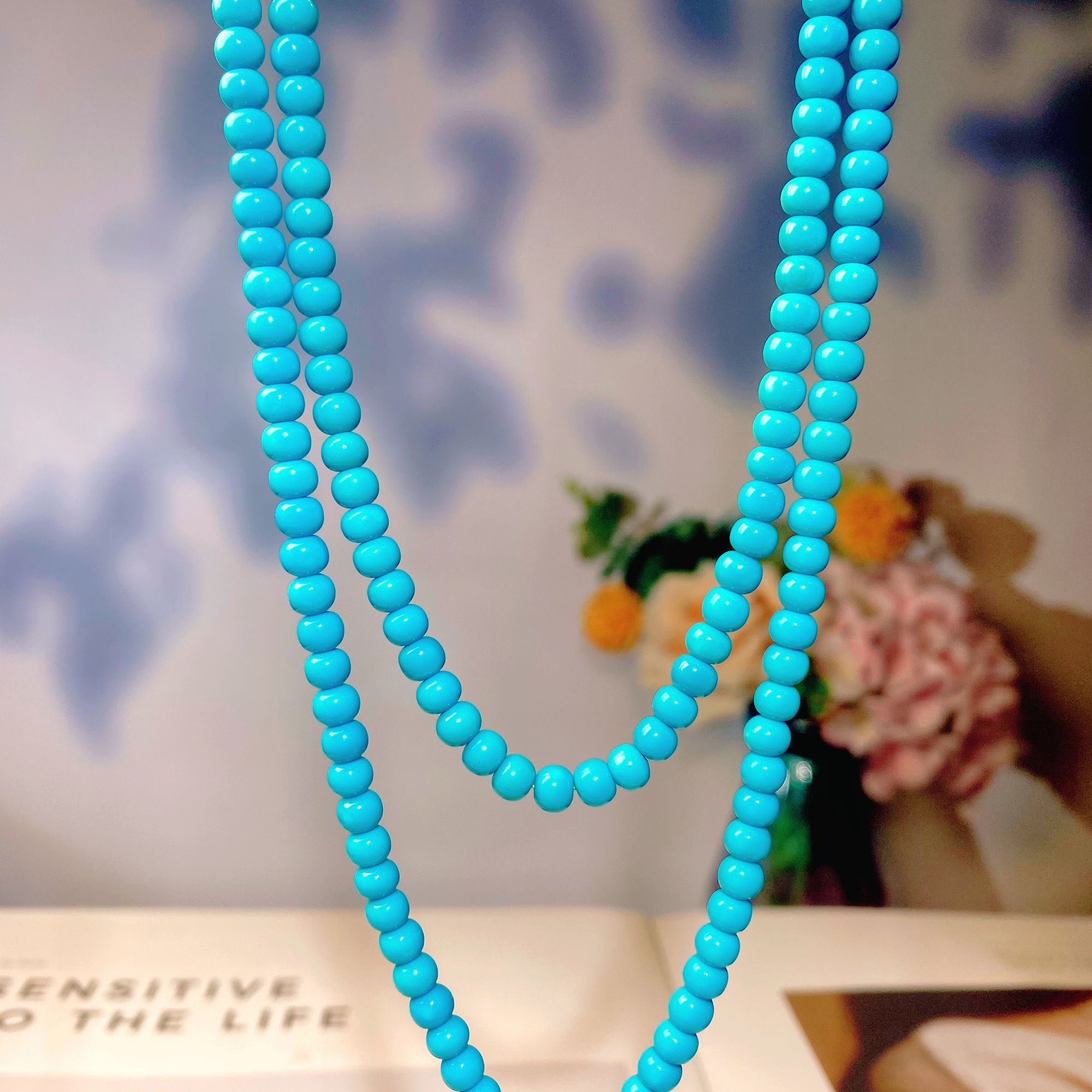 天然原矿绿松石高瓷珠串长项链女款气质蓝色时尚轻奢百搭经典