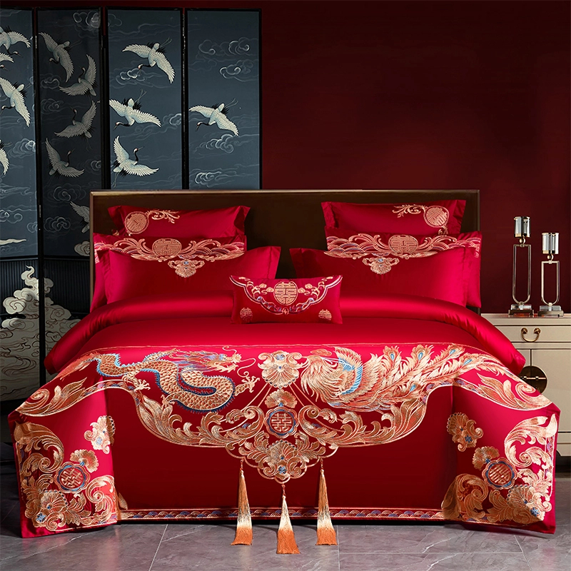 富安娜200长绒棉婚庆四件套大红色纯棉喜被龙凤刺绣结婚床上用品