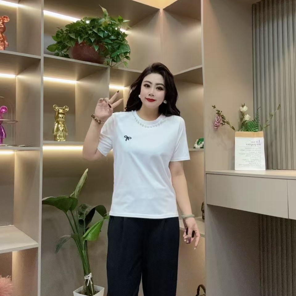 春季洋气半袖-雨 5118时尚潮流珠珠环领蝴蝶结款胖MM大码女装新款