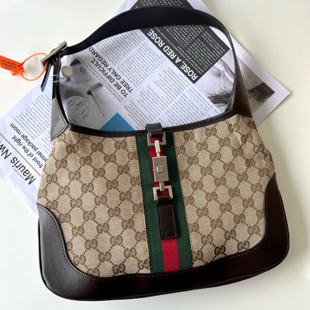 95新 GUCCI/古驰 XM黑棕老花红绿条纹jackie腋下包FYHH11129504换