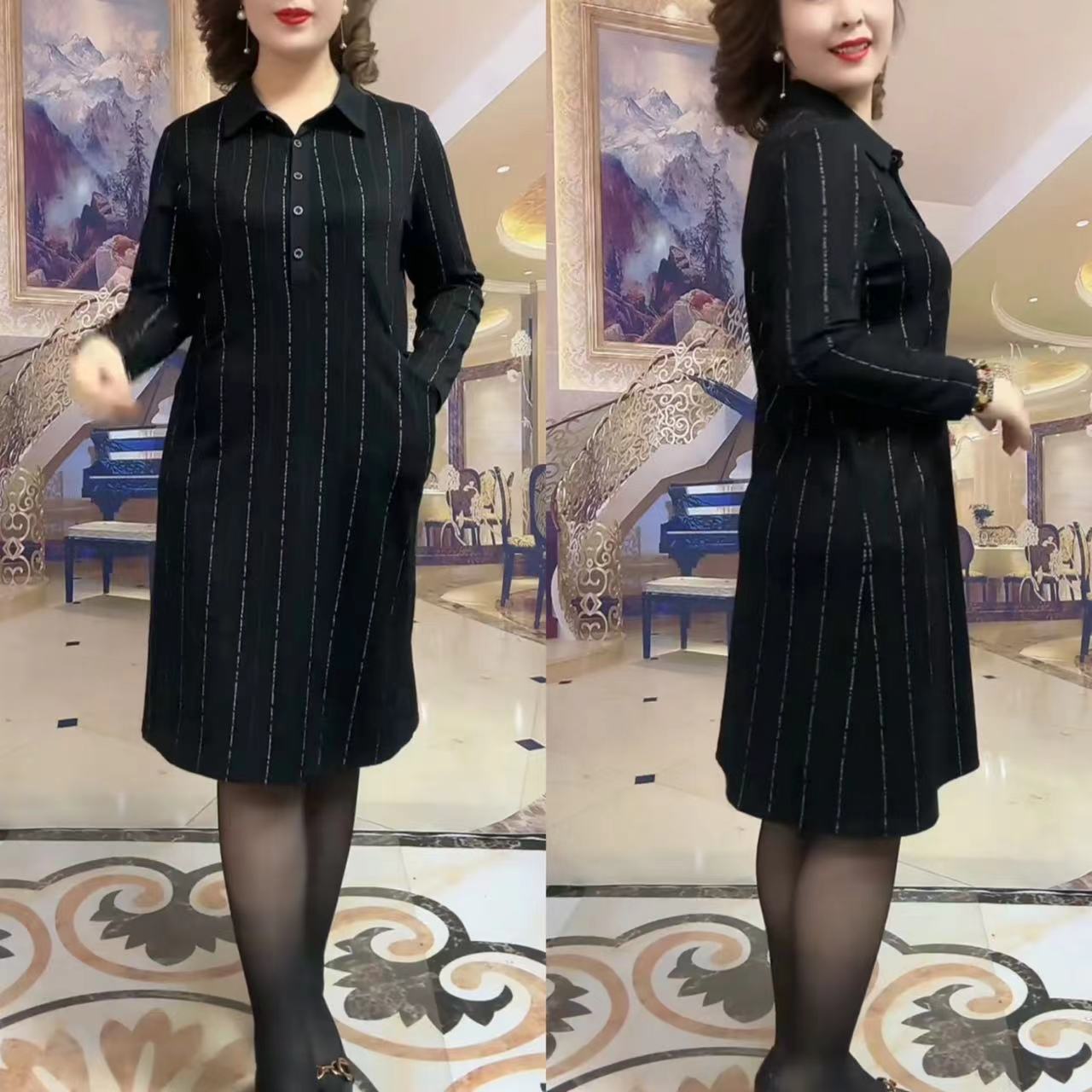 网红时尚条纹显瘦中长款翻领连衣裙