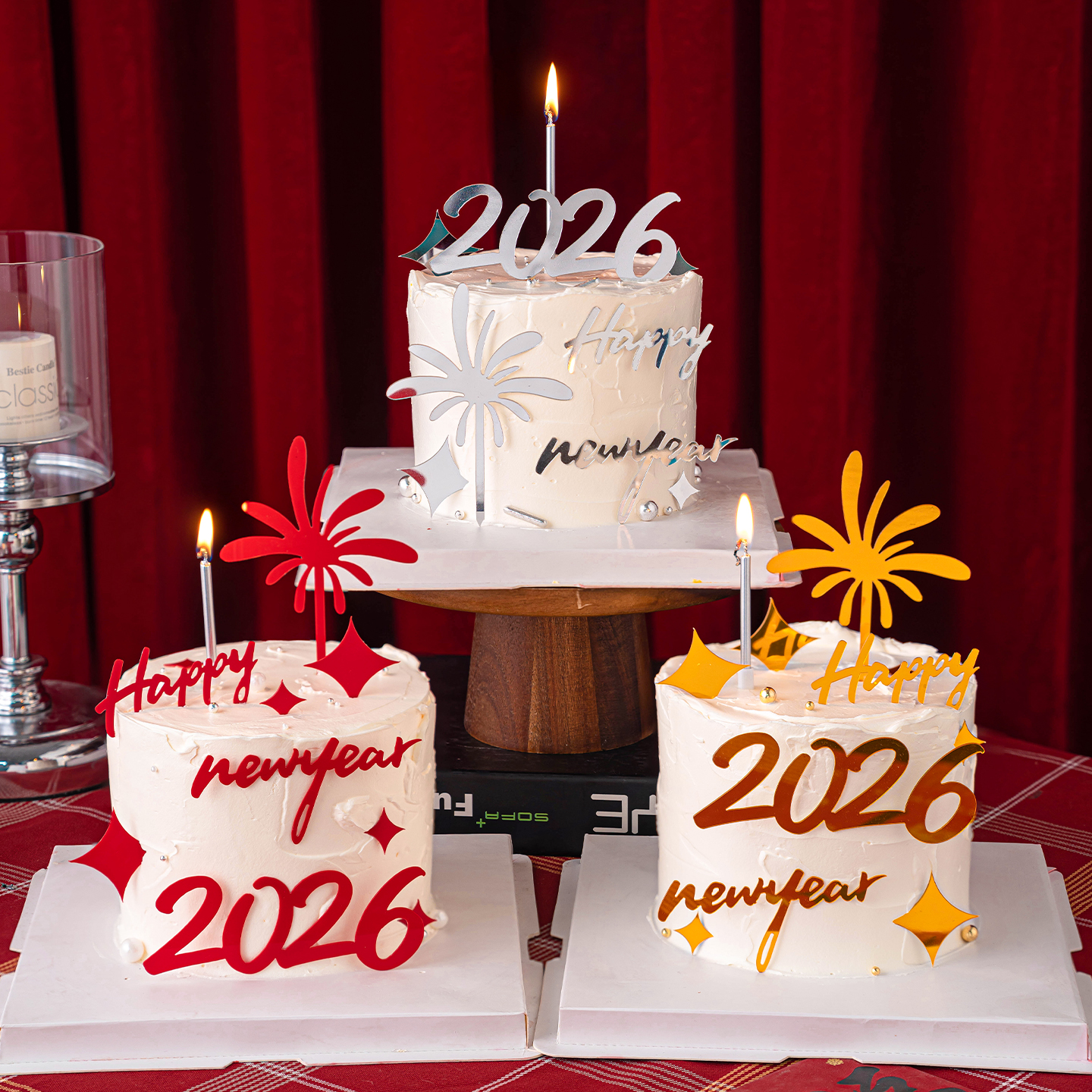 2026跨年火花亚克力蛋糕装饰简约高级感浪漫礼花新年快乐烘焙插件