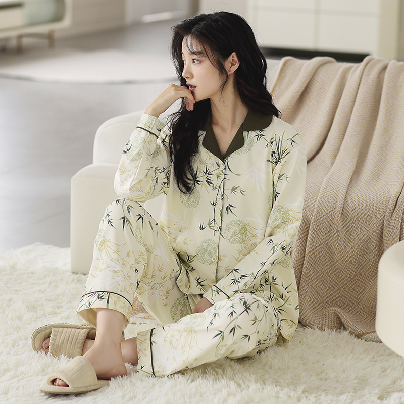 雅蝶茜新款秋冬女长袖长裤套装莱卡棉高档睡衣可外穿国风家居服