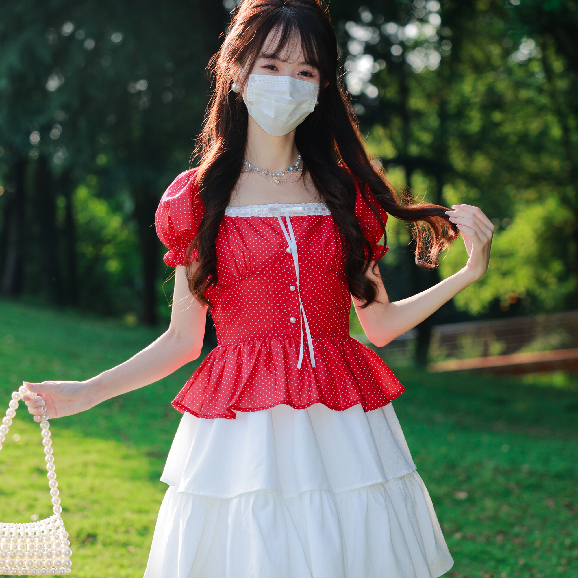 花崎鹿原创设计俏皮复古红波点裙仲夏甜心