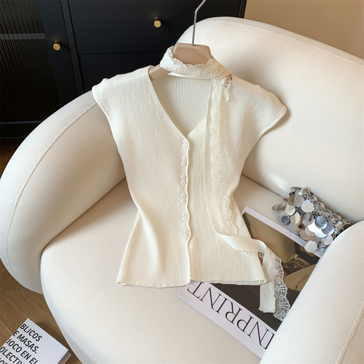 专柜撤回剪标蕾丝飘带小飞袖针织衫女夏季新款超好看洋气短款上衣