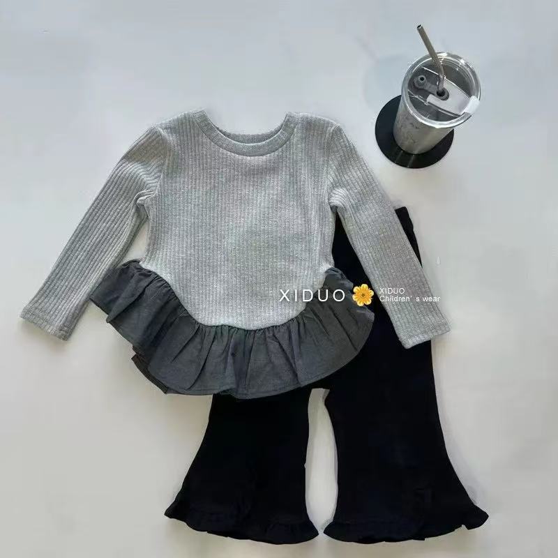 女童春秋季新款荷叶边T恤喇叭裤套装宝宝简约韩版两件套潮
