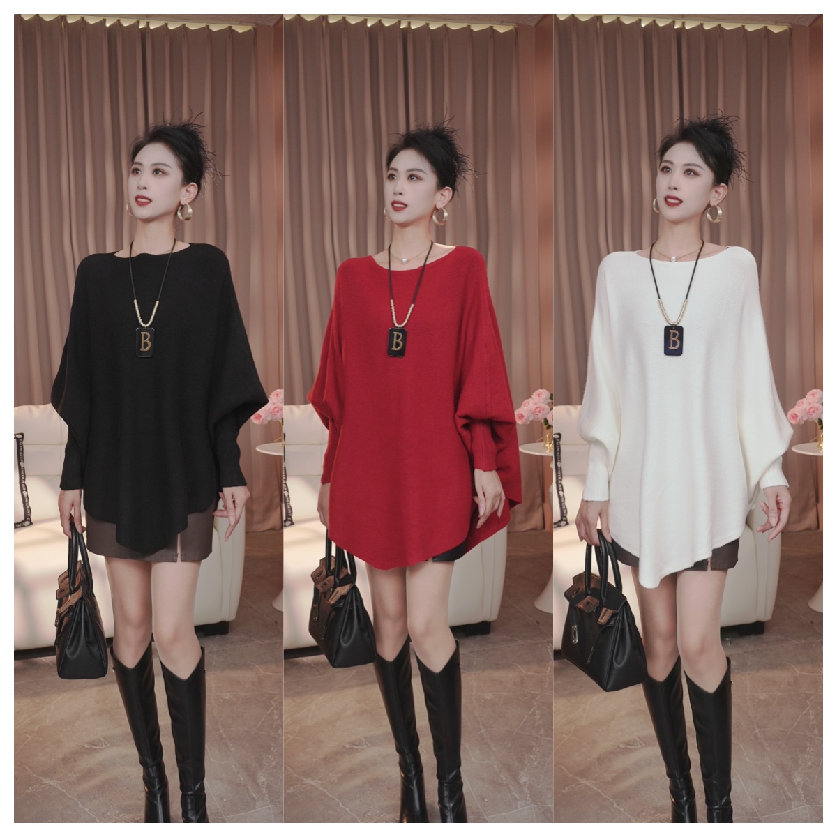 秋冬新款时尚重工设计斗篷蝙蝠袖宽松显瘦休闲针织衫毛衣外套