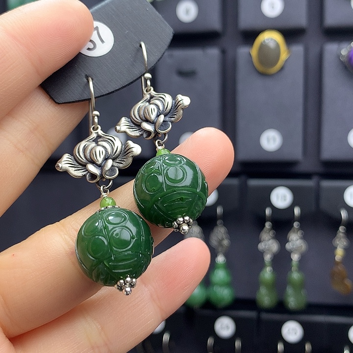 和田玉耳饰银S925镶嵌?***离