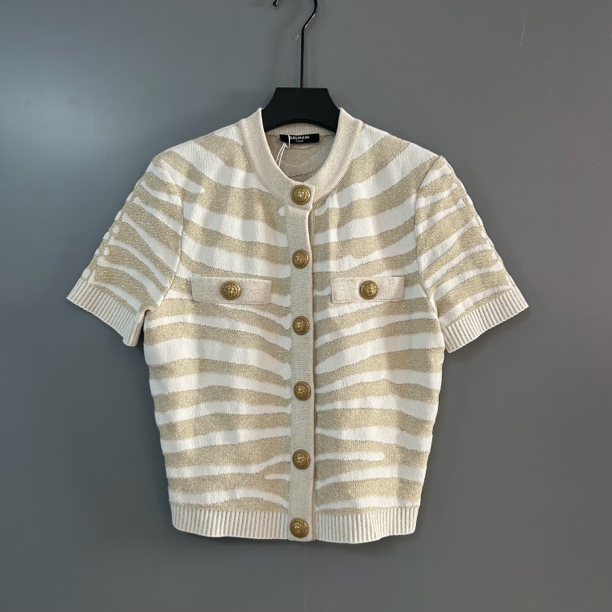 95新 BALMAIN/巴尔曼 巴尔曼条纹半袖短款上衣