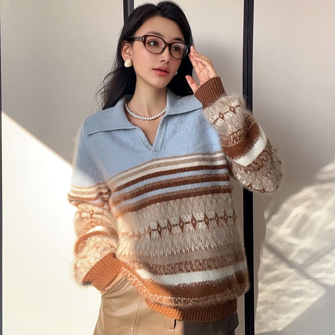 【露丝同款】费尔岛羊绒拉绒翻领针织衫 慵懒风上衣羊毛内搭920