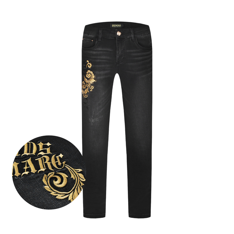 JEDOSS/爵迪斯黑色2025男款新款字母立体压凸刺绣牛仔裤BC016