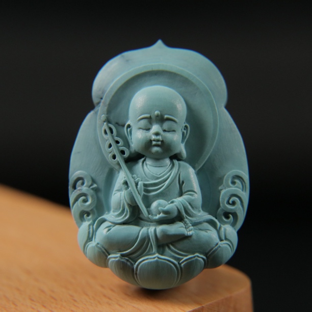 原矿绿松石地藏王菩萨宝宝佛 尺寸23×32×11.5mm，重11.6g，雾霾蓝料