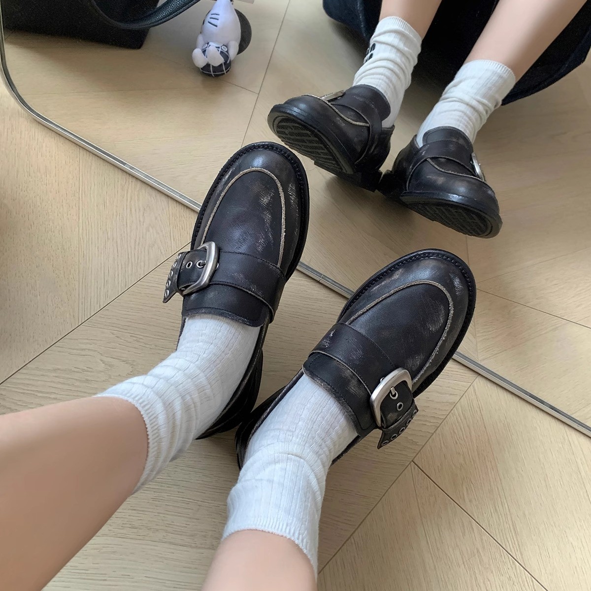 【韩国设计师】中性英伦小皮鞋女复古做旧通勤高级感一脚蹬乐福鞋