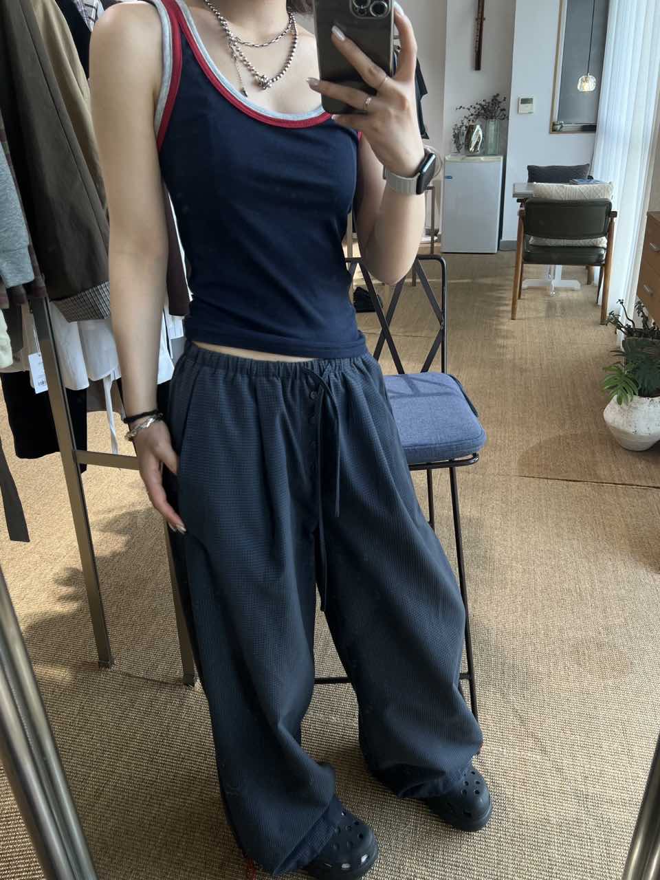 抽绳格纹休闲阔腿裤