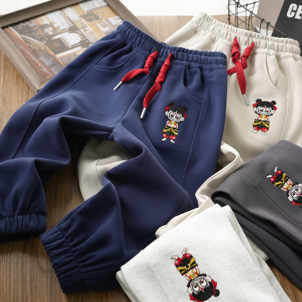 儿童春季哪吒刺绣运动裤抽绳男童中大童束脚百搭裤子25132