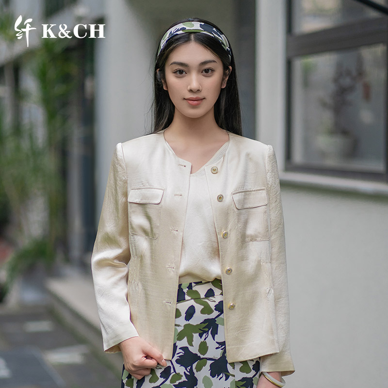K&CH纤牌女装圆领女短款短外套气质休闲春季修身女装8582A211E1