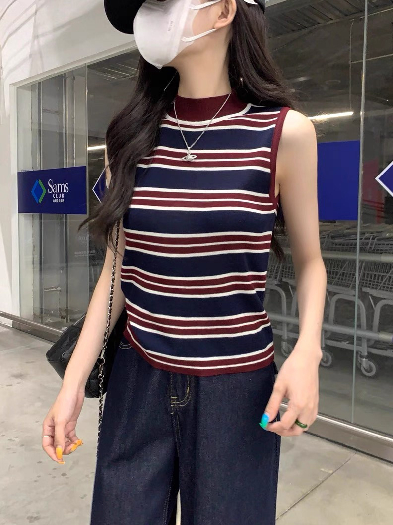 复古学院风撞色条纹半高领无袖针织吊带背心内搭高级感上衣