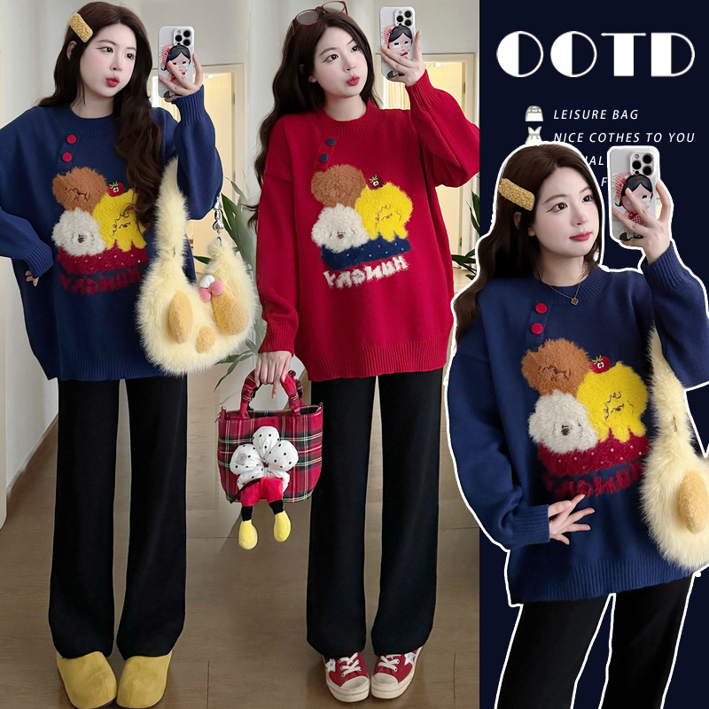 秋冬装孕妇装时尚加厚卡通小狗百搭毛衣显瘦怀孕期孕妇针织衫上衣