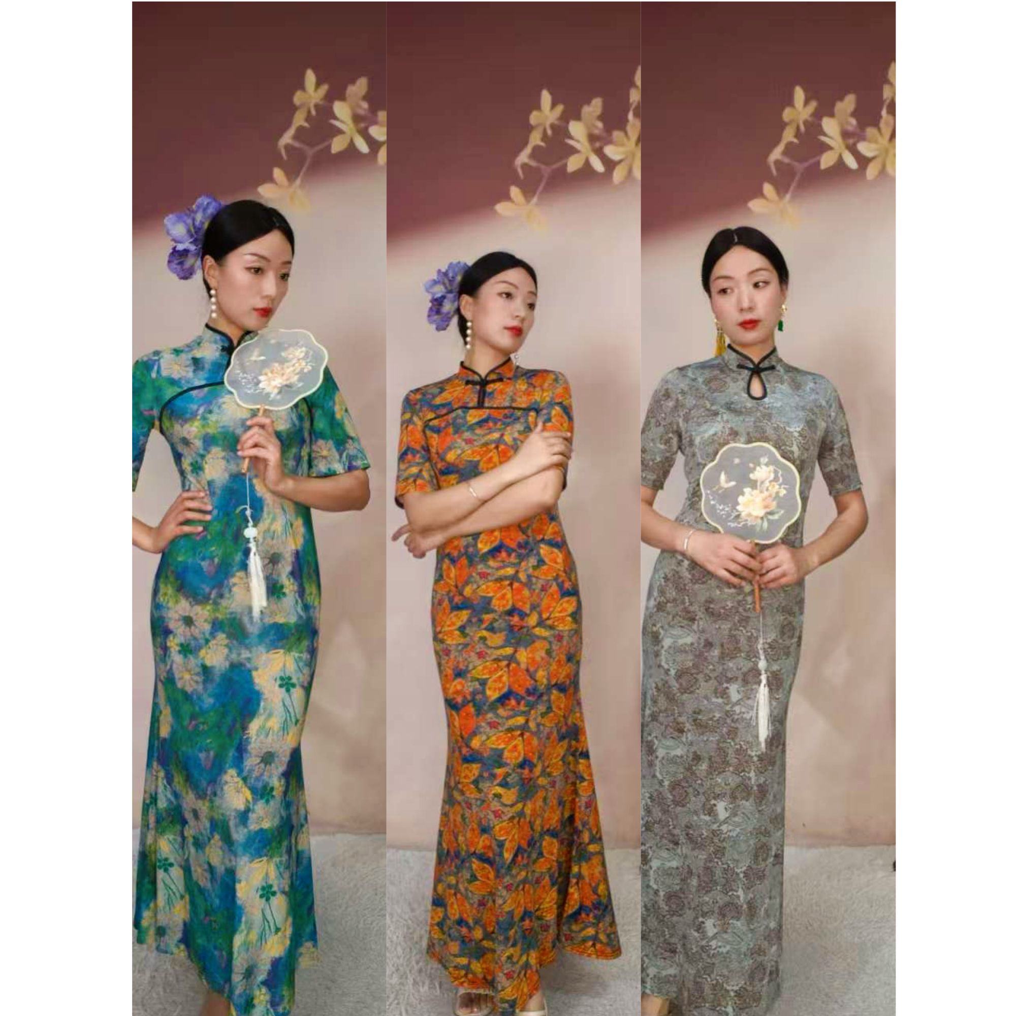 缘织裳旗袍原创自制夏季冰麻面料印花日常显瘦修身鱼尾裙