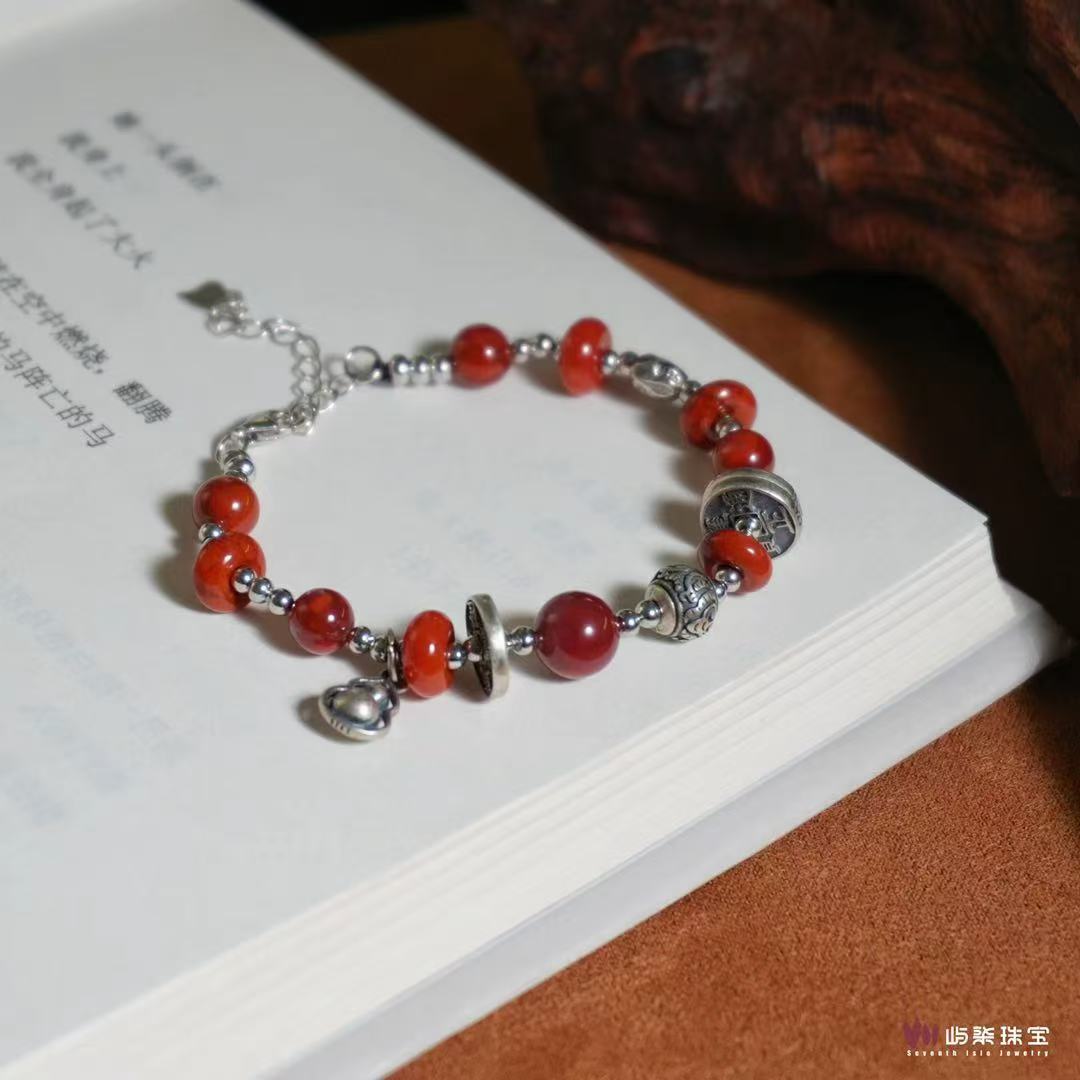 B1146 玛瑙银S925镶嵌 南红珠珠手链