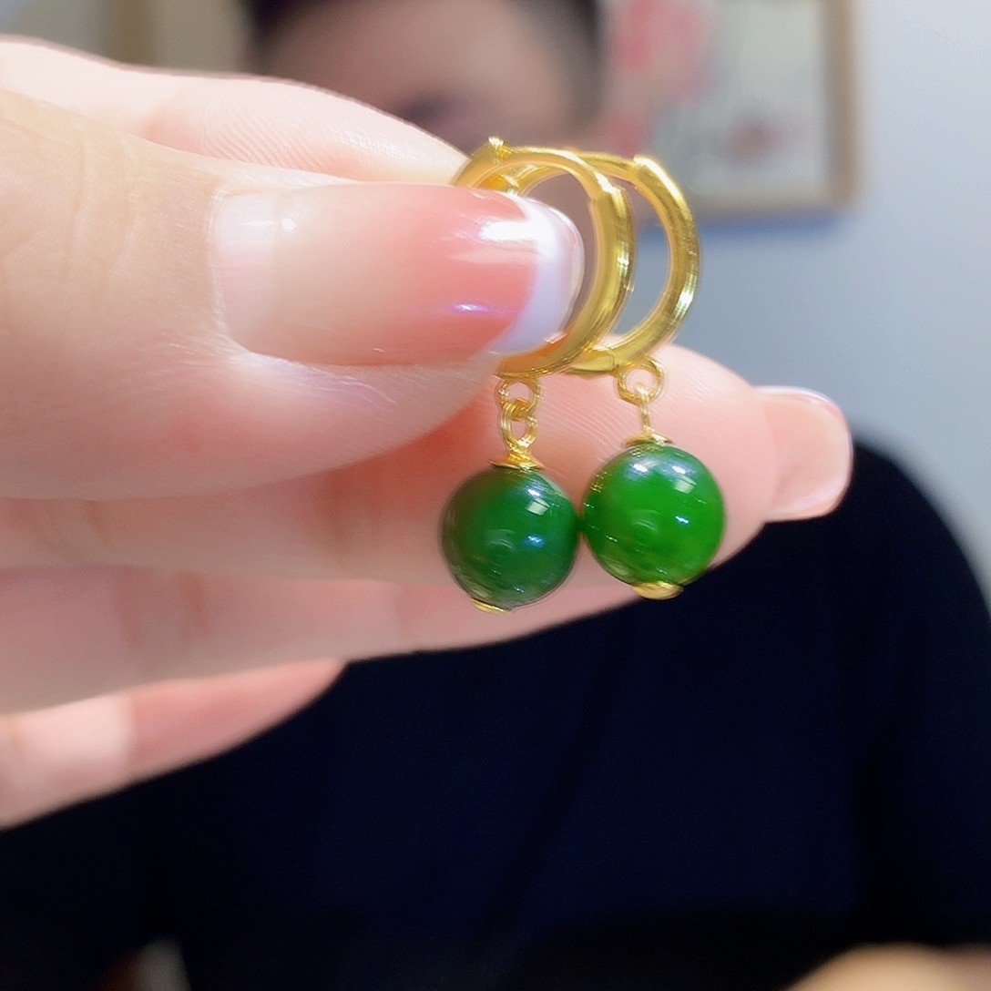 和田玉（碧玉）耳饰银S925镀金镶嵌