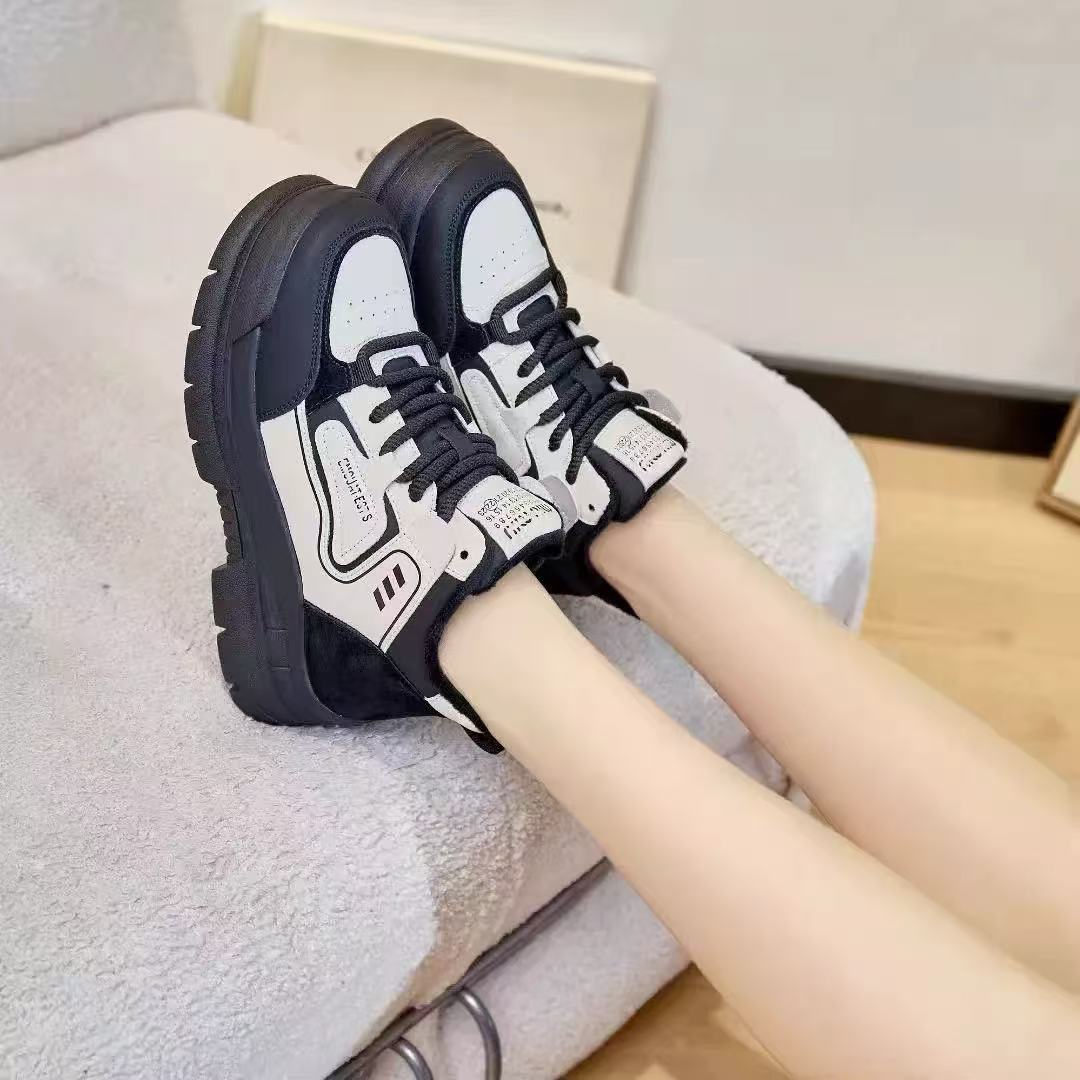 C5020 黑色绒里  时尚圆头系带休闲运动鞋女士高帮鞋