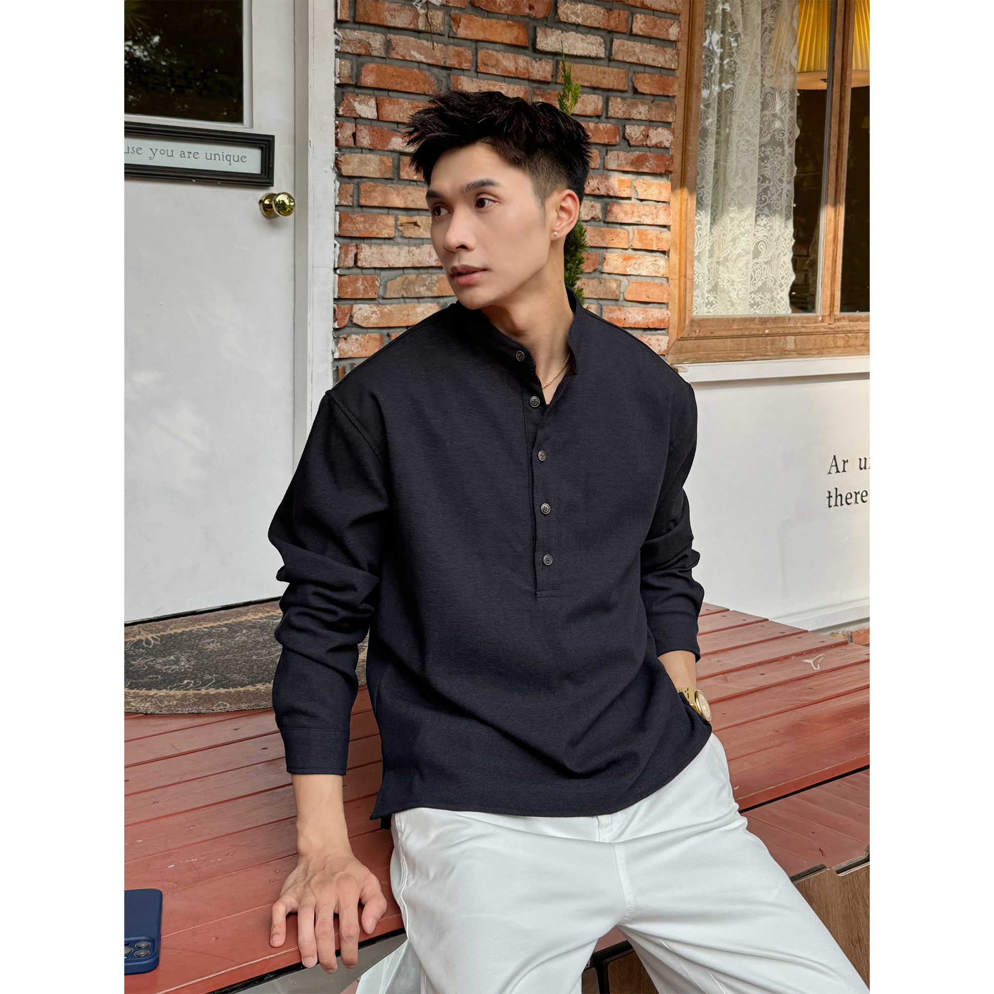 「老钱雅奢风格」秋季莱赛尔天丝混纺极简长襟亨利领上衣长袖T恤衫