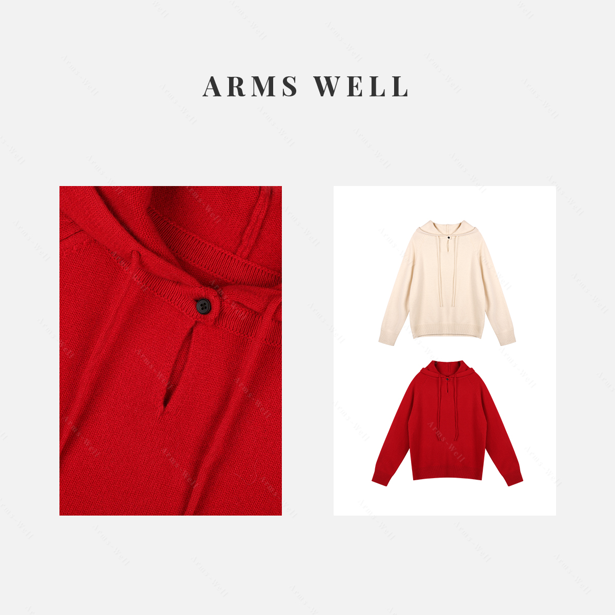 ARMS WELL王囡囡 红/米白色绵羊毛宽版单扣抽绳卫衣 S565