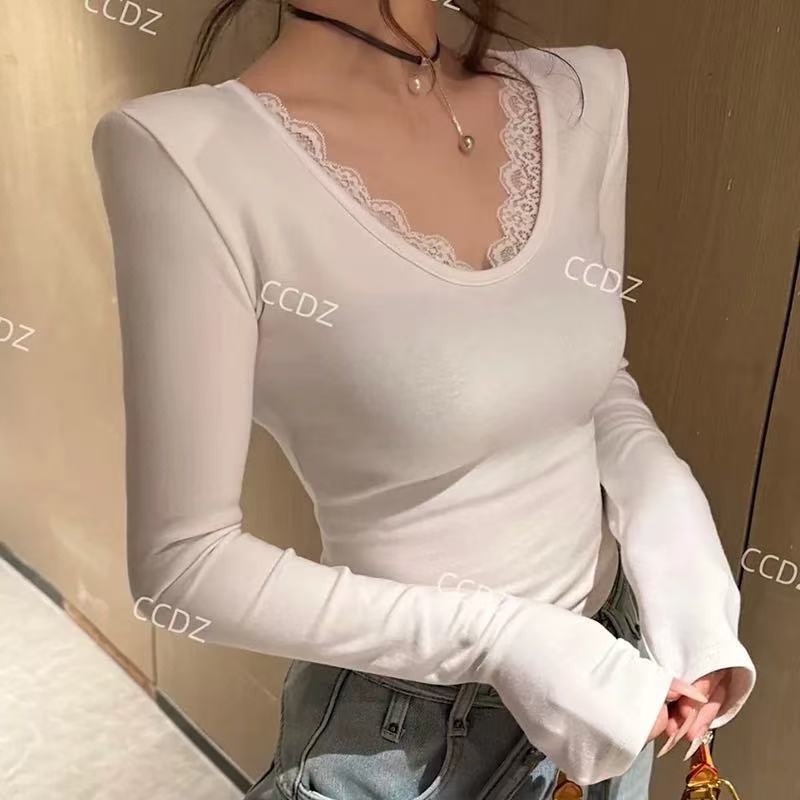 600-699自带胸垫长袖加绒款女秋冬V领拼接蕾丝女士打底衫高领