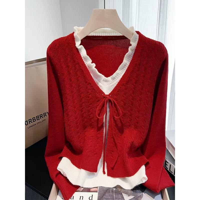 跨年氛围感红色假两件针织开衫秋冬新款大码胖MM慵懒软糯外穿毛衣