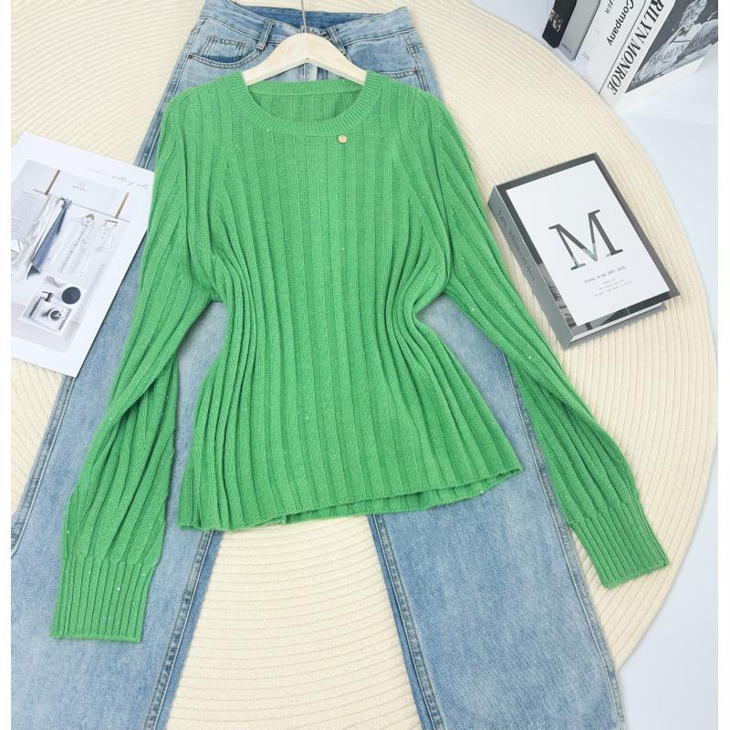 玲姐定制-圆领慵懒风金属标小亮片竖纹显瘦款针织毛衣23626