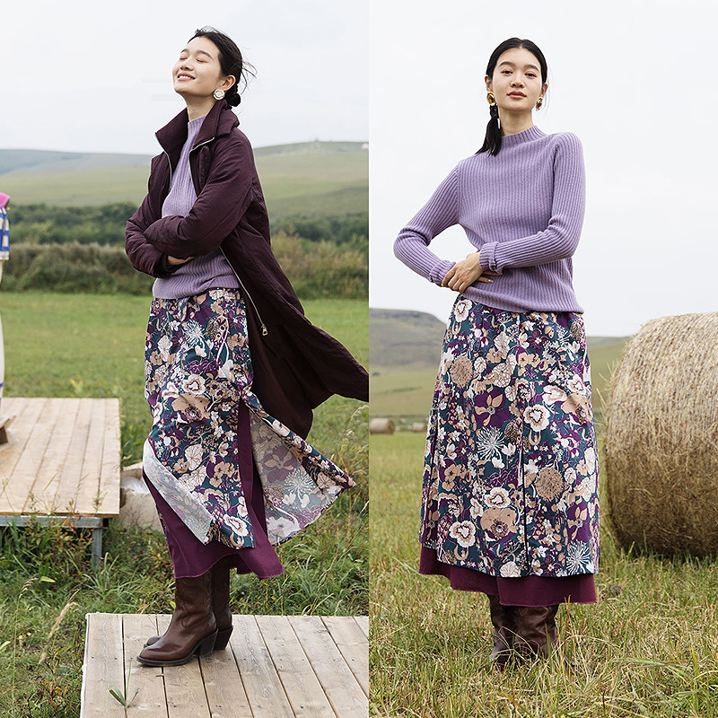 700朵/亚麻棉复古印花双层半身长裙秋冬设计感舒适半身裙新款