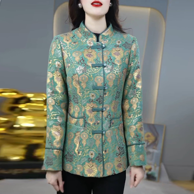 新中式复古印花时尚立领棉服2025冬季新款中长款高端气质保暖外套