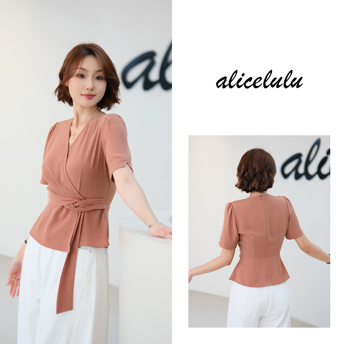 [alicelulu] 法式御姐气质时尚V领绑带显瘦轻盈百搭S2142448E